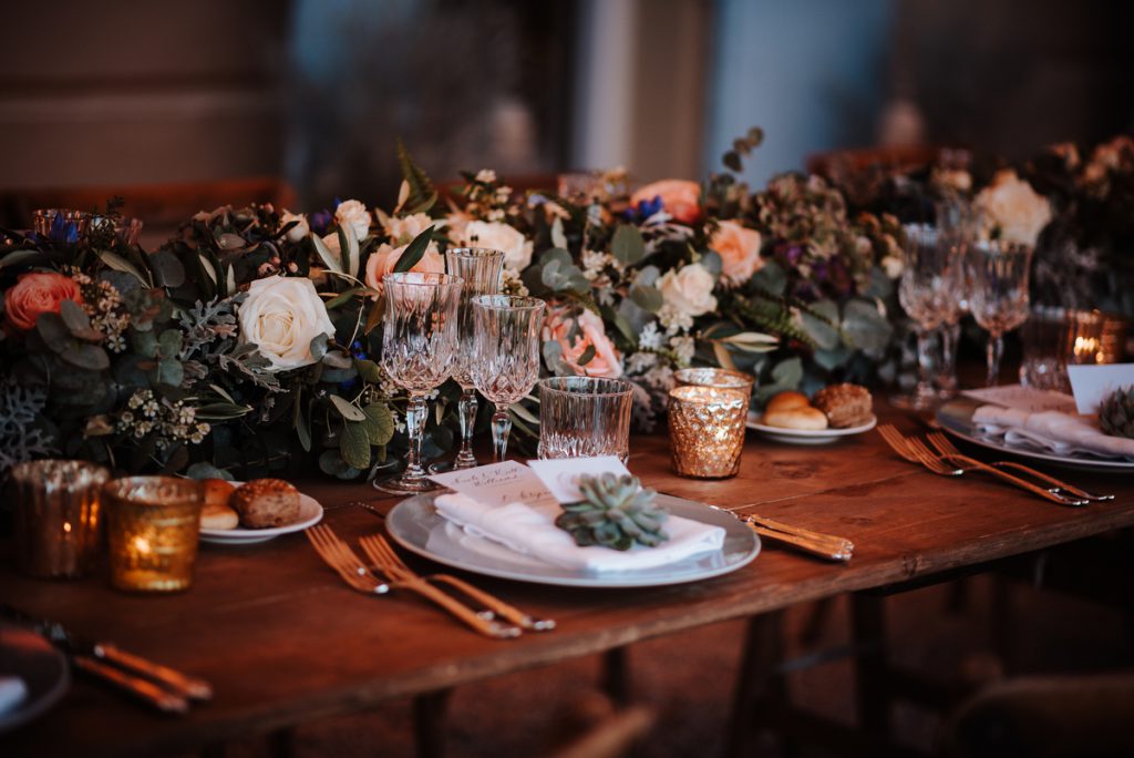 Bare table for wedding dinner decor. Destination wedding in Tuscany